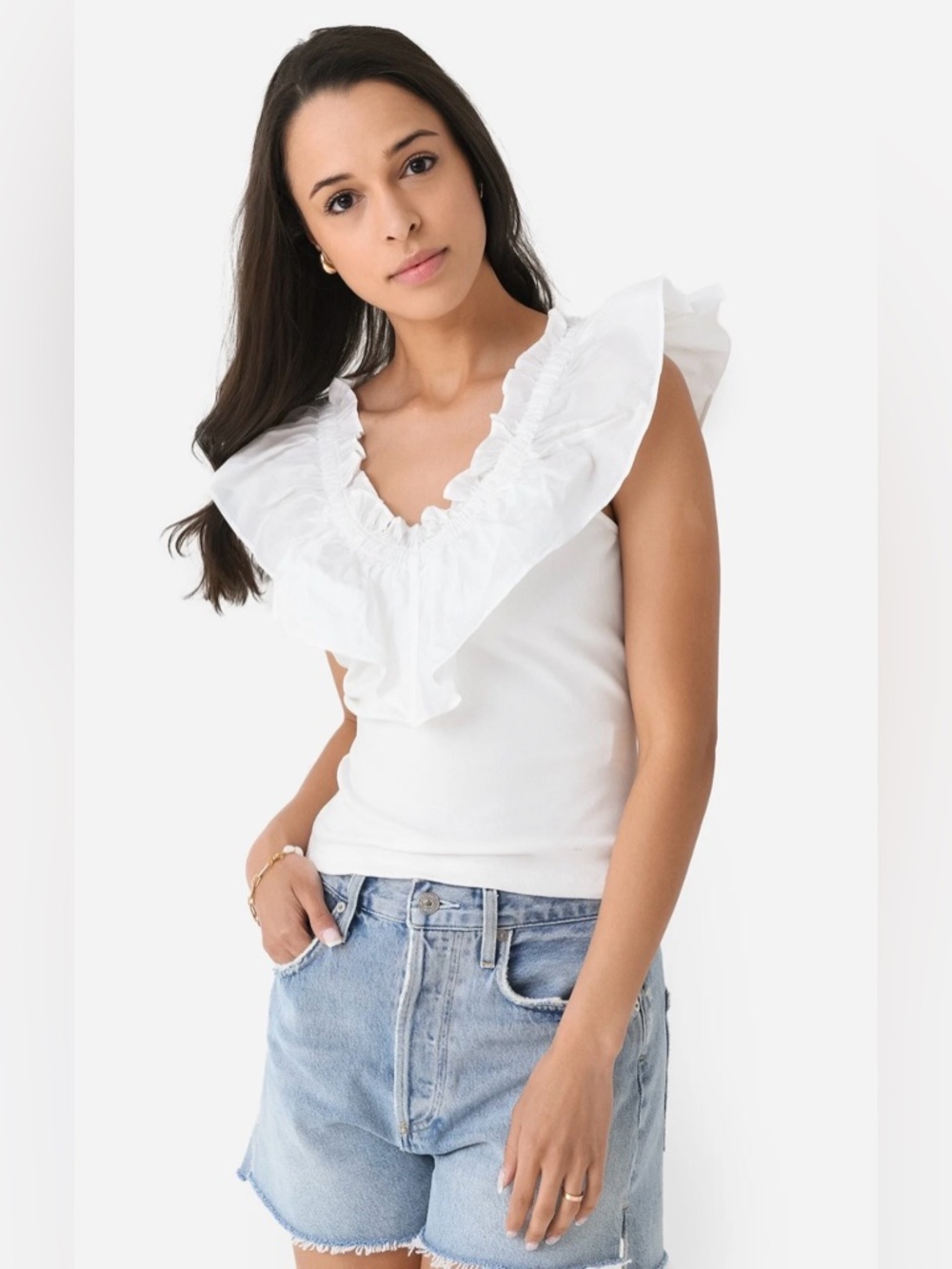 NWT English Factory S White Mixed Media Ruffle Detail Top Cotton Stretch $60